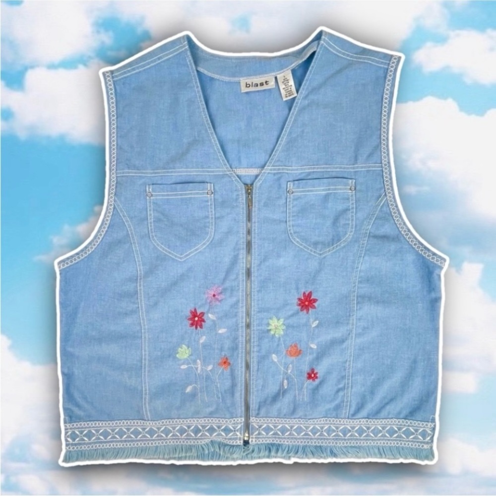 BLAST Vintage 90s Floral Embroidery Lightweight Chambray Vest Grannycore Kidcore
